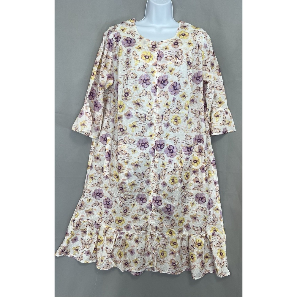 National Women Housecoat Sz M Pockets Floral Butterfly Front Zip Ruffle NEW